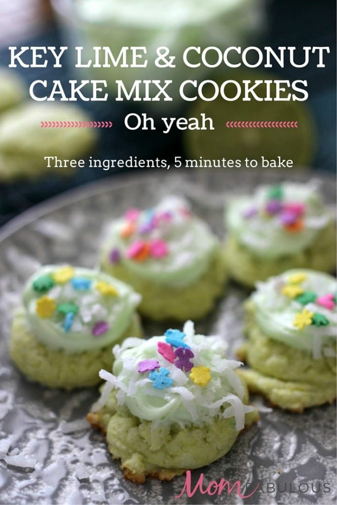 Key Lime & Coconut Cake Mix Cookies -- The cookies require only 3 ingredients to make and about 5 minutes to bake. Add some icing and coconut and you have one delicious cookie!