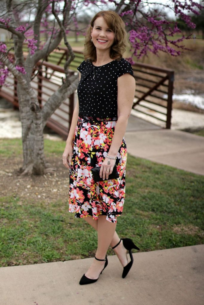 Easter dress from Metrostyle -- This Mixed Media Dress is the easiest way to mix up prints. The bodice features polka-dots and the skirt is floral. It's all one piece and so comfortable and flattering.