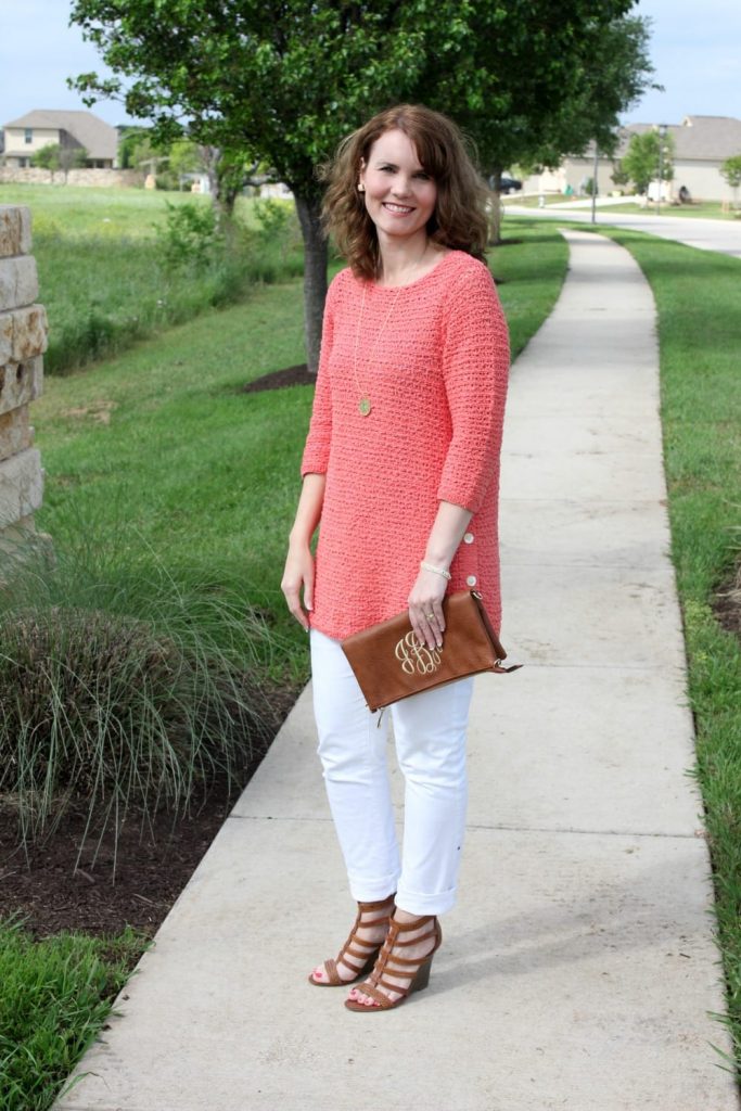 Spring fashion: pair coral and white together for a crisp spring outfit idea that looks great on any skin tone.