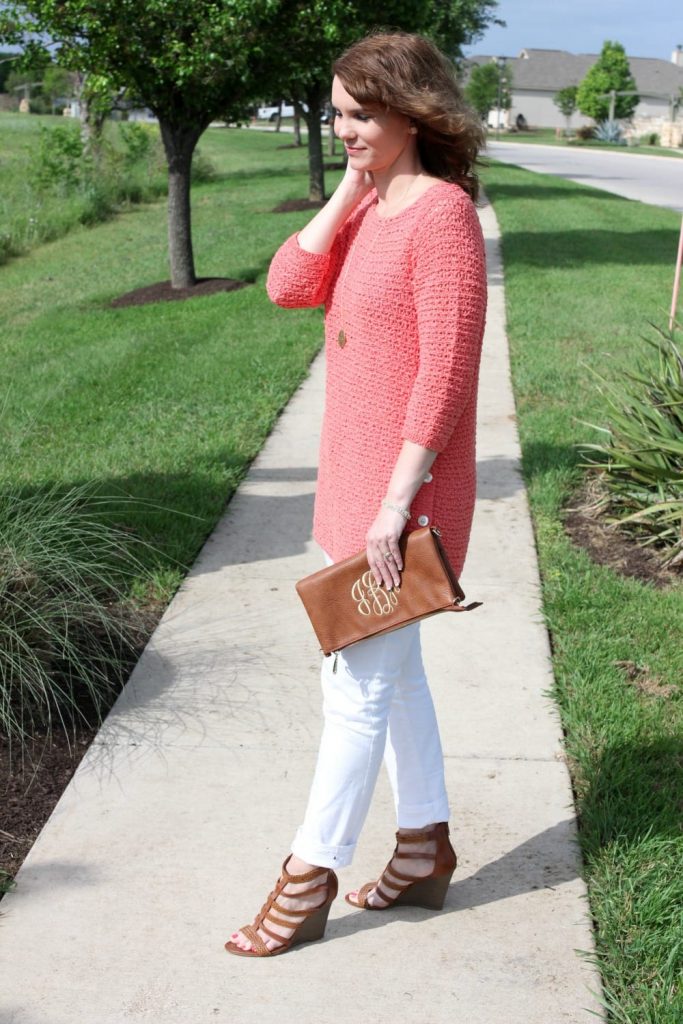 Spring fashion: pair coral and white together for a crisp spring outfit idea that looks great on any skin tone.