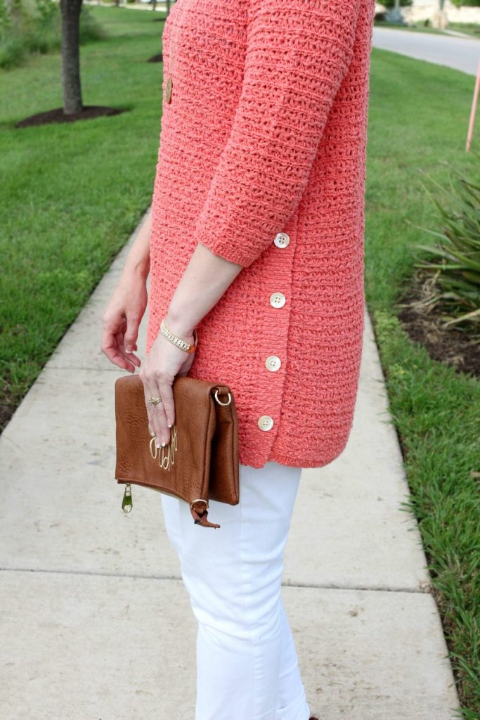 Spring fashion: pair coral and white together for a crisp spring outfit idea that looks great on any skin tone.