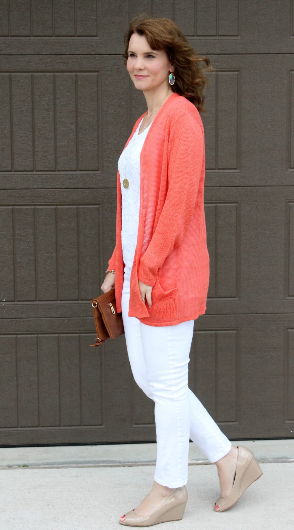 Spring outfit idea - nude patent wedges, white denim, white lace top and a coal cardigan.
