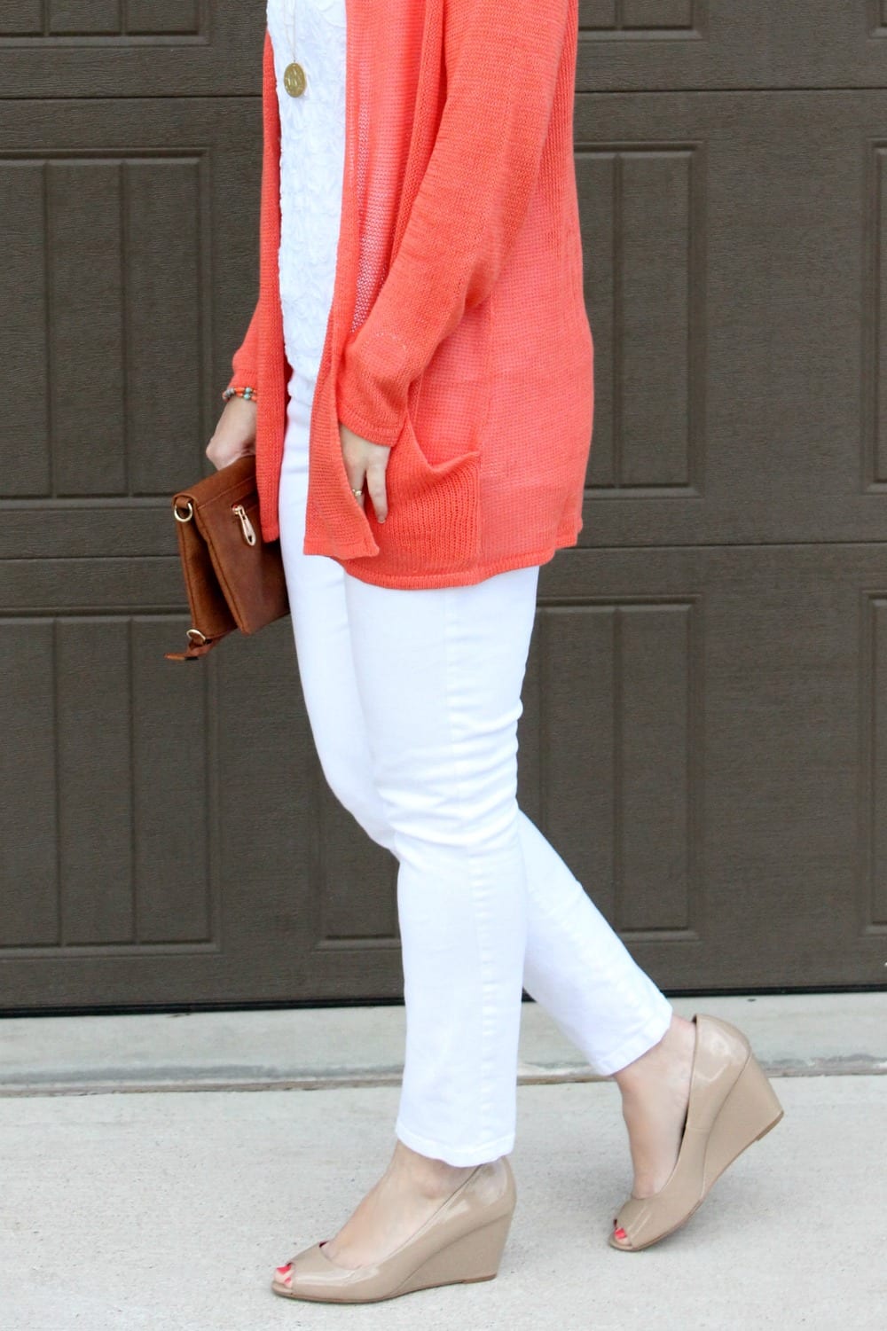 Spring outfit idea - nude patent wedges, white denim, white lace top and a coal cardigan.