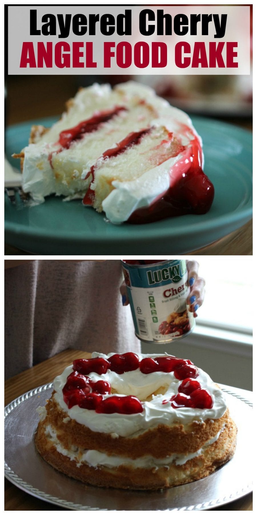 This Layered Cherry Angel Food Cake requires 3 ingredients and about 15 minutes of your time. It's easy, delicious and a crowd pleaser. If you’re on the hunt for easy dessert recipes, this is for you. You can’t go wrong with pie fillings, whipped topping and angel food cake! Click through to see a video with step by step instructions.