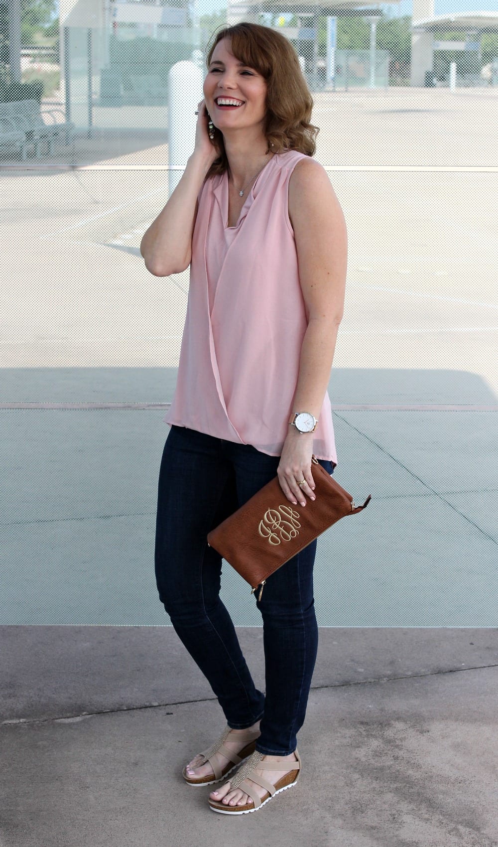 Spring Outfit Ideas - pair a pink hi-low hem tank with denim and sandals.