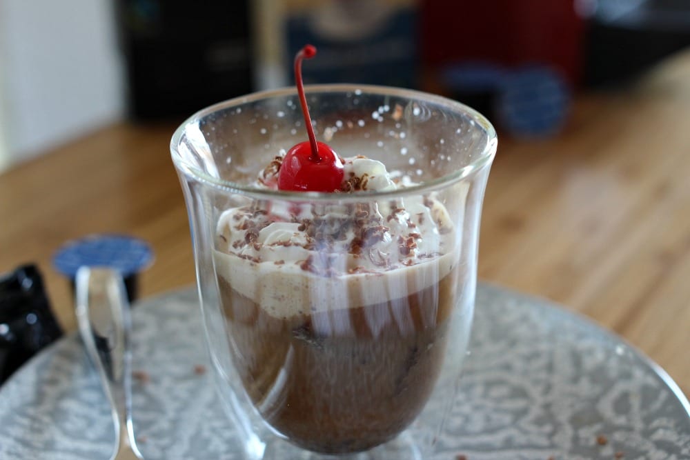 A twist on the Italian classic Affogato recipe: Brownie Sundae Affogato. Made with brownie bites, ice cream, whipped cream, chocolate shavings and a cherry on top. Affogato desserts are the perfect way to end a meal on a warm day.