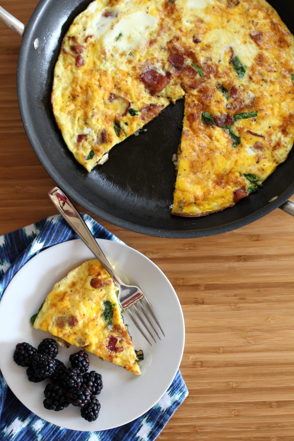 Looking for frittata recipes? This Bacon and Spinach Frittata is perfect for breakfast, lunch or dinner. With ingredients like bacon, fresh spinach and onion, it's full of flavor and a complete meal. Just add some fresh fruit and you're good to go!