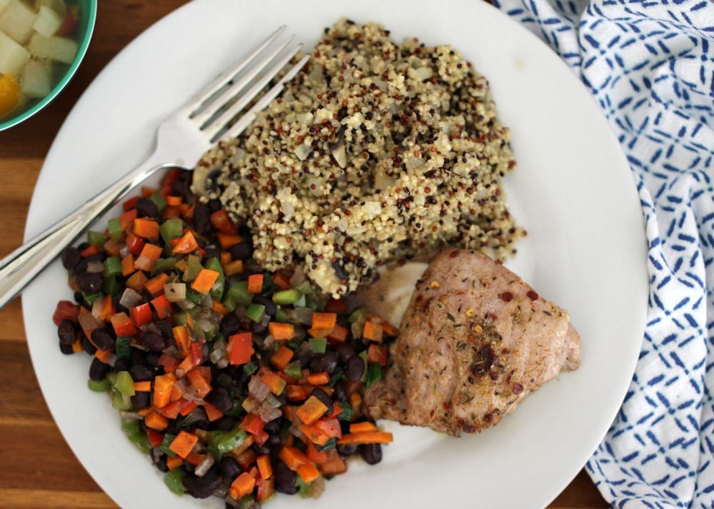 How does a meal that’s filling, beautiful in color and full of incredible flavors sound? In a cooking class I took, as well as any nutrition book I’ve ever read, they talked about the importance of filling your plate with color and if you do so, you pretty much know you have a great meal prepared.  This Jamaican Jerk Pork Tenderloin with quinoa pilaf, and black beans and vegetables is the perfect balance of a little spice and a lot of color.