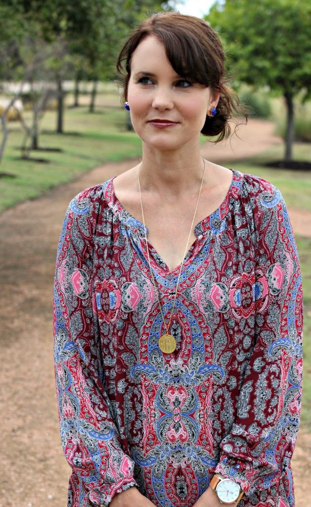 Women's Fall Outfit Ideas featuring a paisley print blouse, blue handbag and wedges.