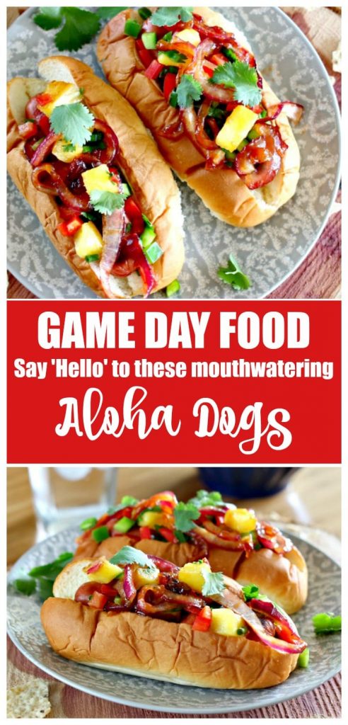 These Aloha Dogs are the perfect Game Day food. Gather up the football fans, turn on the TV and get ready for everyone to inhale these mouthwatering and super easy to prepare Hawaiian hot dogs.