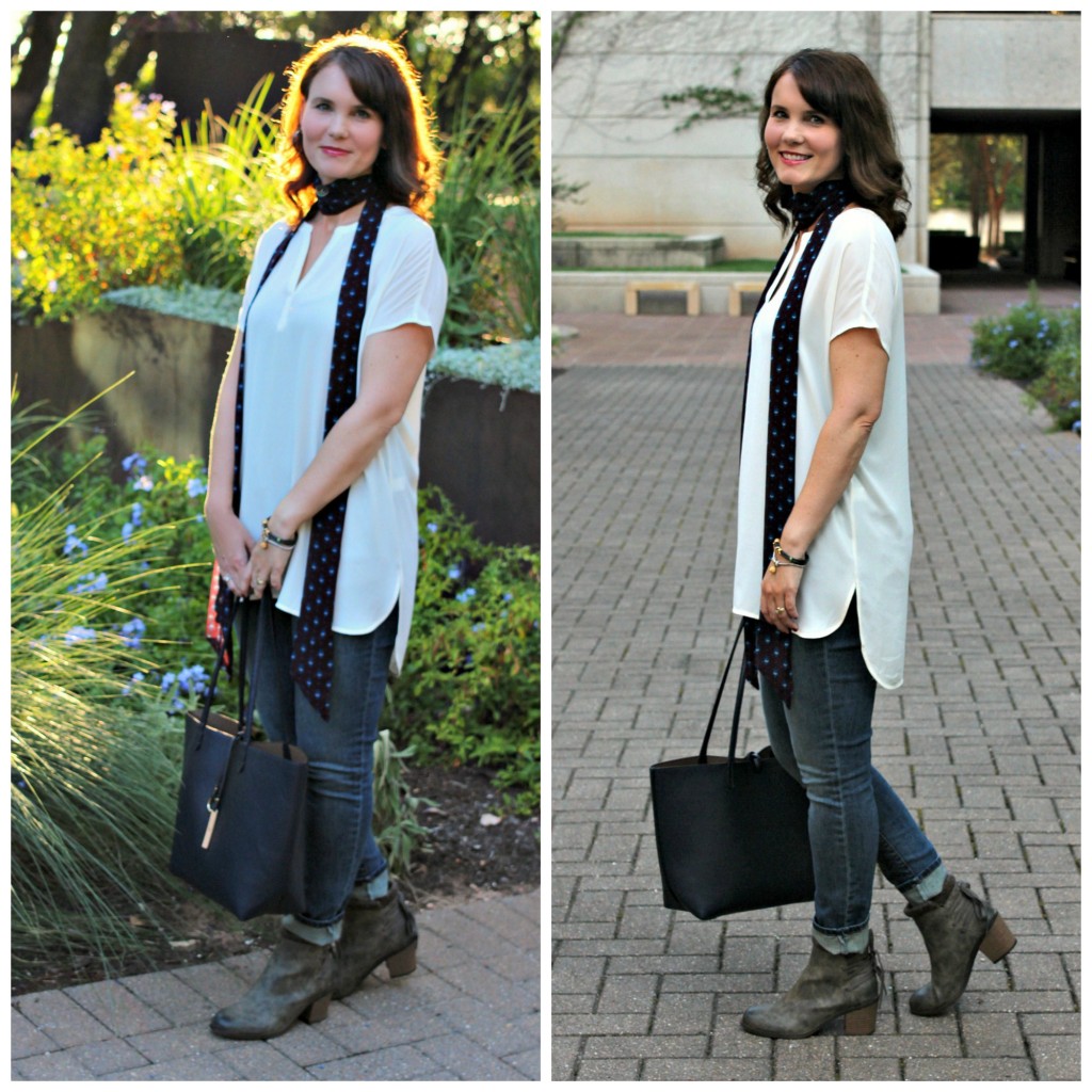 Fall outfit idea: Wear a skinny scarf with a tunic shirt, boyfriend jeans and a pair of fall boots in olive.