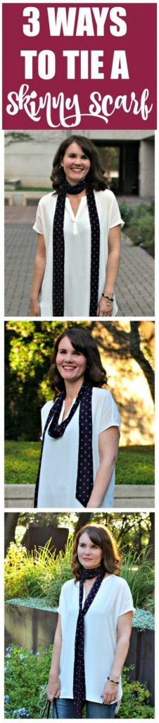 Fall Outfit idea: Pair a skinny scarf with a tunic, jeans and ankle boots. See three different ways to tie a skinny scarf for different looks.