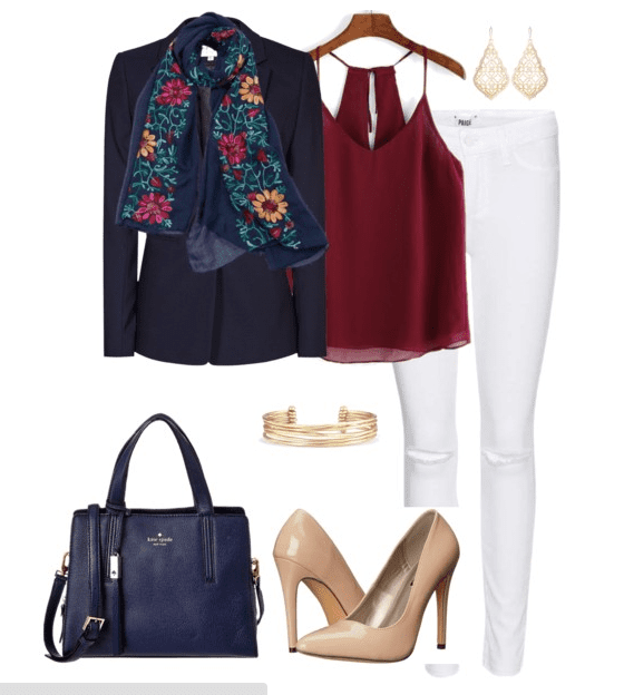 Fall outfit idea: Navy and burgundy together is a fun fall trend. Pair white denim with a burgundy top, navy blazer, floral scarf and nude heels.