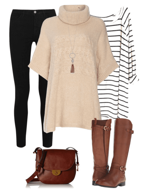 Poncho outfit idea for fall - pair a cream colored poncho with a black and white striped shirt, black denim, brown riding boots and a brown saddle bag purse.