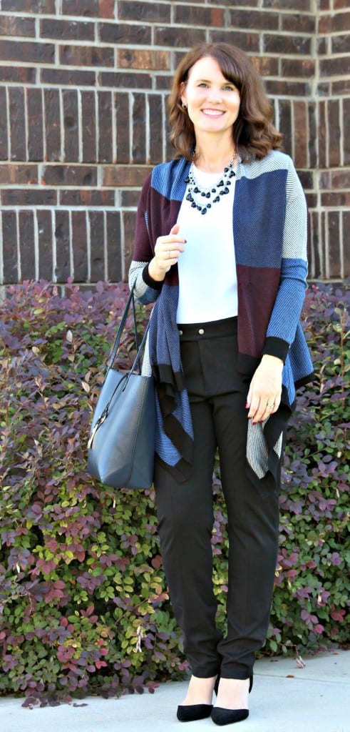 Are you looking for a black pants outfit for work? I have three ideas for you featuring a sweater/shirt combo, cardigan and wool blazer.