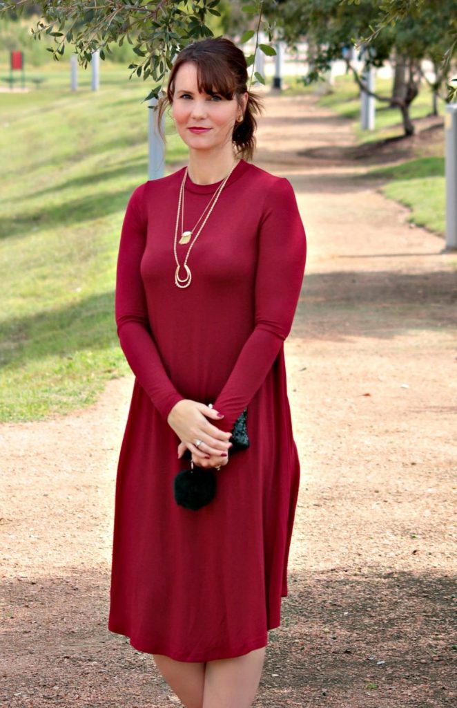 Women's fall fashion - The Remi Long Sleeve Swing dress is the perfect fall wardrobe staple. It can be styled a dozen different ways, comes in 17 colors and is so soft. I love this dress! And this burgundy color is incredible.