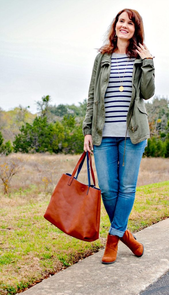 Stitch Fix outfit: Striped sweater, olive military style jacket, light wash denim, brown ankle boots and reversible tote.