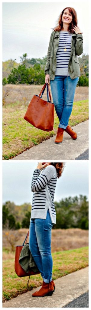 Stitch Fix outfit: Striped sweater, olive military style jacket, light wash denim, brown ankle boots and reversible tote.
