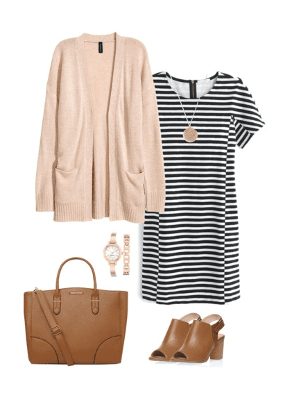 Cardigan Outfit Idea for Spring - Cardigan, Striped T-Shirt Dress, Peep Toe Booties