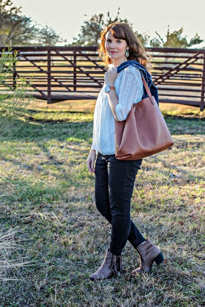 Casual outfit formula - denim jacket, spring top, denim and ankle boots.