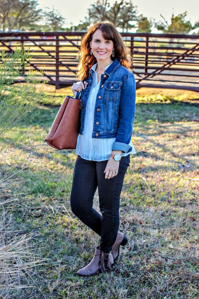 Casual outfit formula - denim jacket, spring top, denim and ankle boots.