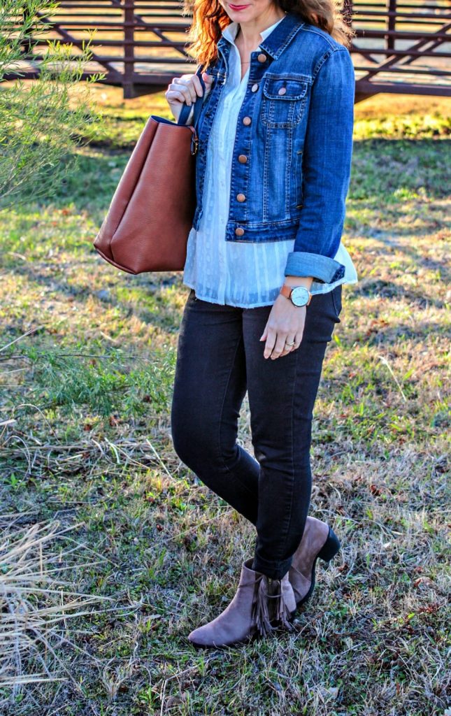 Casual outfit formula - denim jacket, spring top, denim and ankle boots.