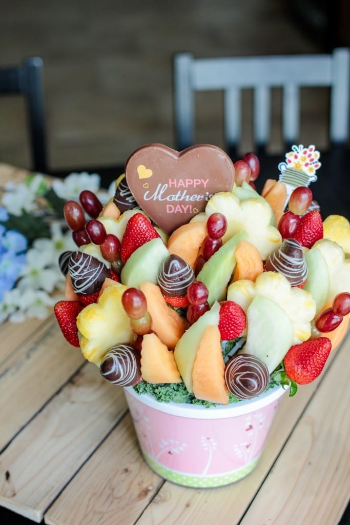 Chocolate covered strawberries in a fruit bouquet, the perfect Gift Idea for the mom who doesn't want anything.