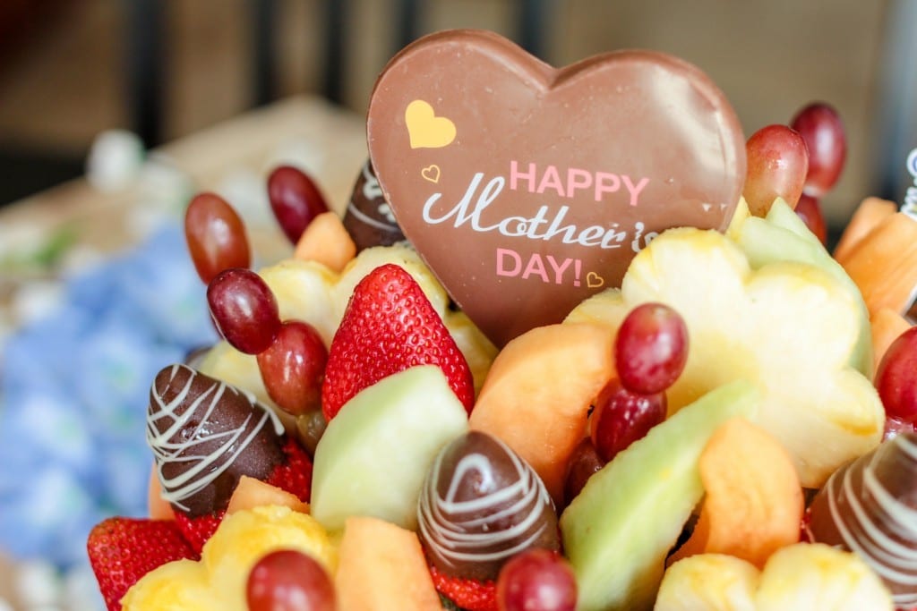 Chocolate covered strawberries in a fruit bouquet, the perfect Gift Idea for the mom who doesn't want anything.