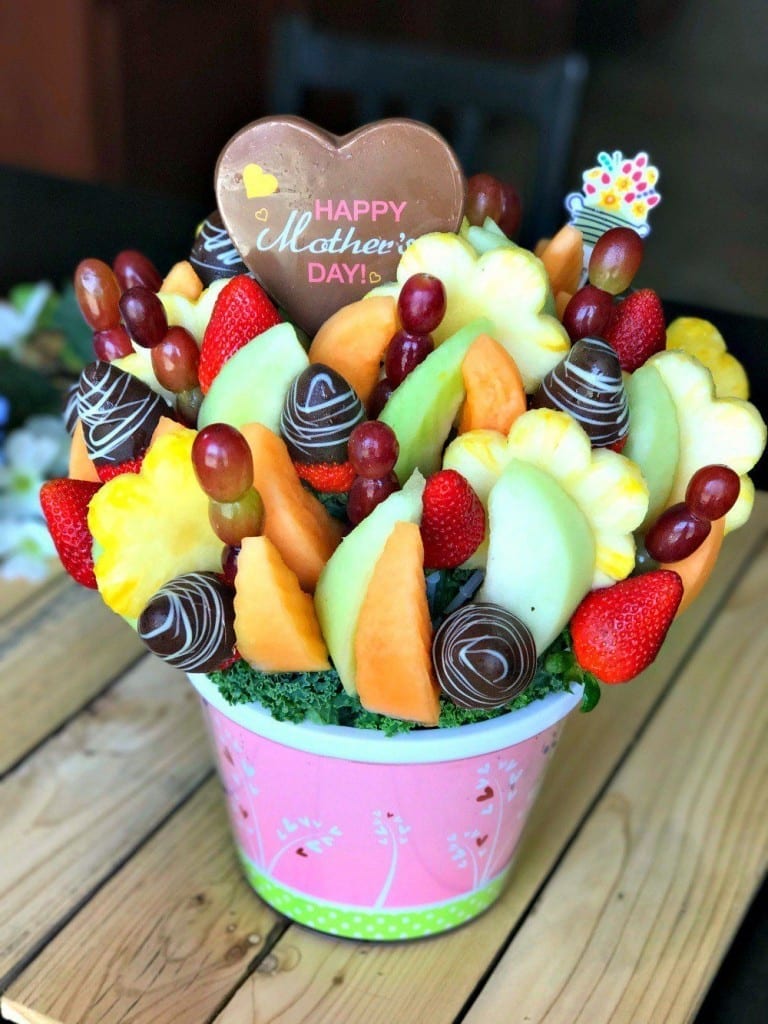 Chocolate covered strawberries in a fruit bouquet, the perfect Gift Idea for the mom who doesn't want anything.