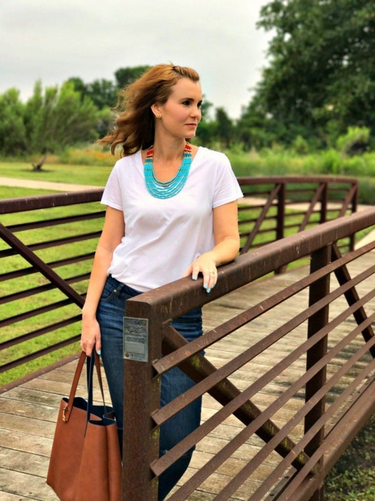What does it take to dress up a white t-shirt and jeans? Not much! Turn these basics into a cute and stylish outfit in no time with some fun accessories and shoes you love.