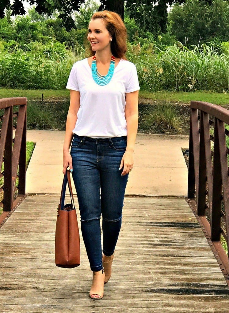 What does it take to dress up a white t-shirt and jeans? Not much! Turn these basics into a cute and stylish outfit in no time with some fun accessories and shoes you love.