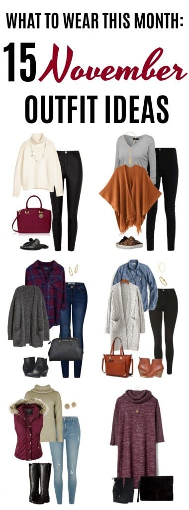 Welcome to the November edition of What to Wear This Month! You'll fund 15 November outfit ideas perfect for your fall and winter fashion needs. Any of these would work great for your Thanksgiving outfit, whether you need to dress up or go casual. Click on over to see all 15 outfit ideas for fall. #fallfashion #winterfashion #falloutfitideas #november #thanksgivingoutfits