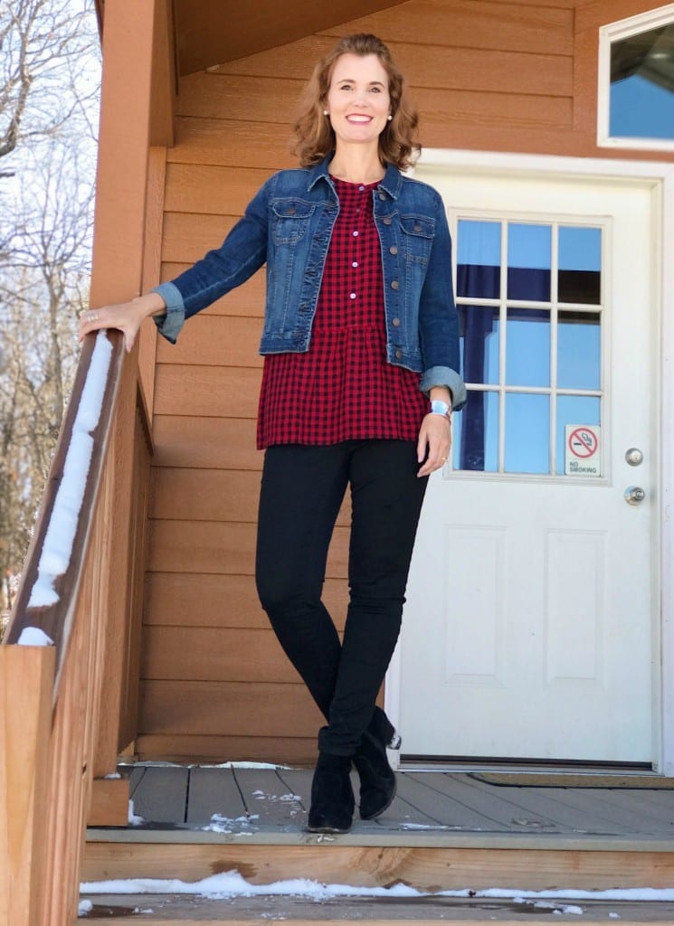 Casual outfit idea: Gingham top, denim jacket, black slacks and ankle boots. 