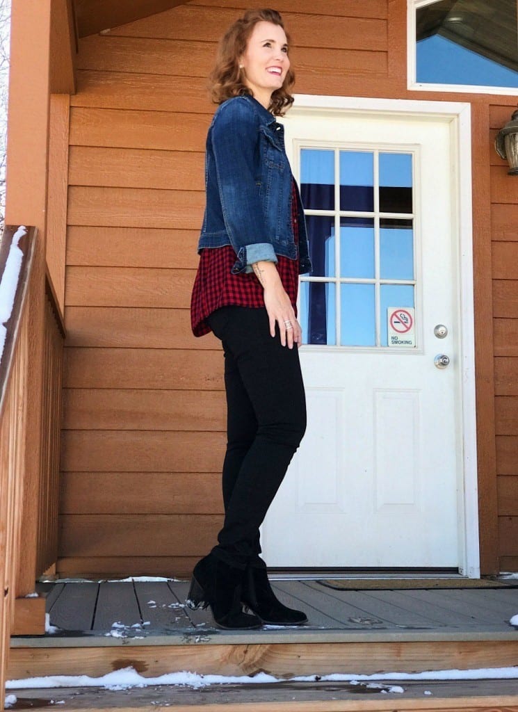 Casual outfit idea: Gingham top, denim jacket, black slacks and ankle boots. 