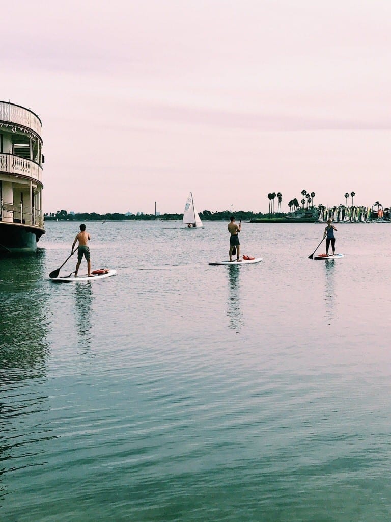 Paddle boarding on Mission Bay in San Diego, California