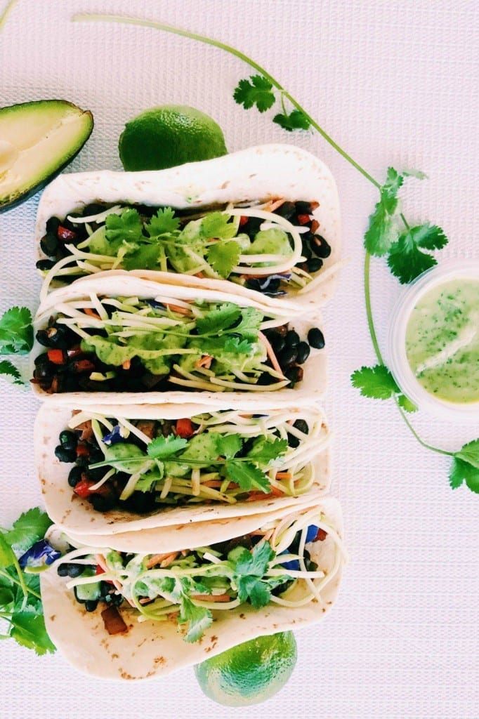 Black bean tacos with avocado cilantro lime sauce