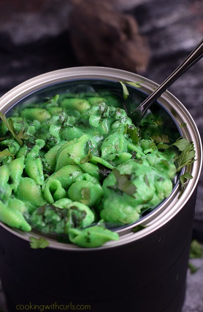 Mac and cheese dyed green to look like toxic waste.