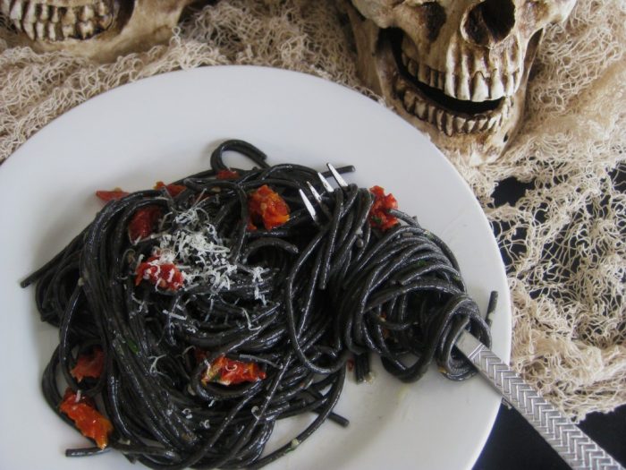 A bowl of black spaghetti for halloween dinner